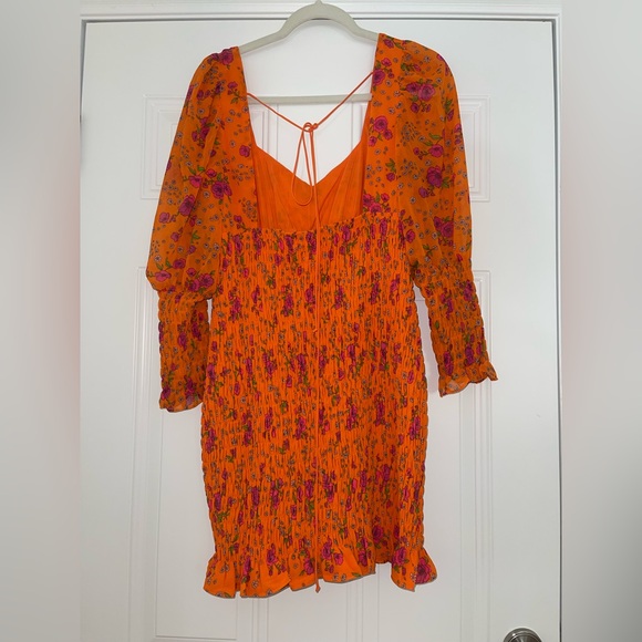 For Love & Lemons Peony Smocked mini dress Large orange floral - Picture 10 of 16